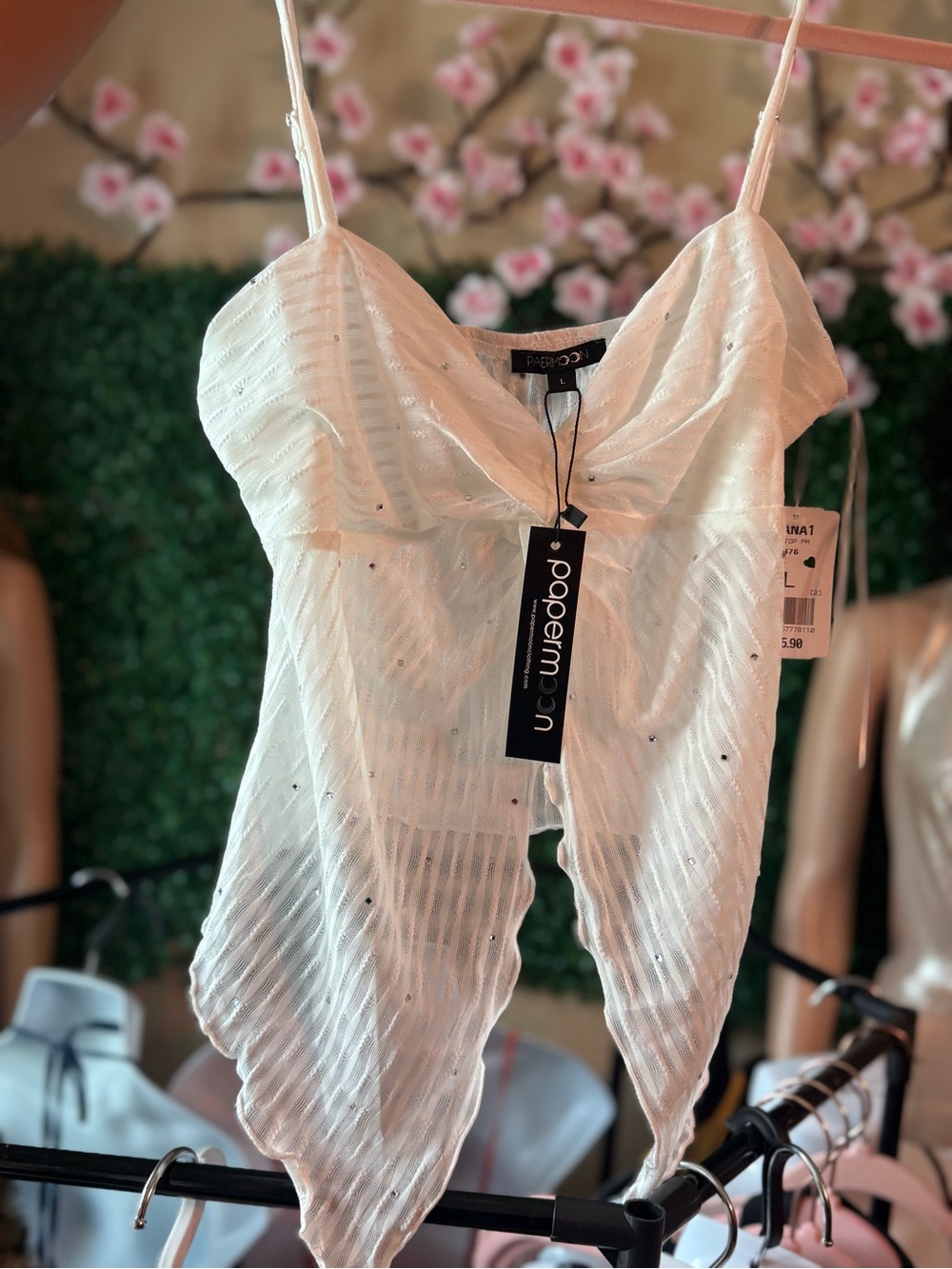 Papermoon White Sequin Draped V-Neck Spaghetti Strap Top